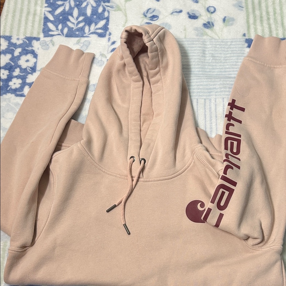 Carhartt Women's Pink Hoodie with Maroon Logo